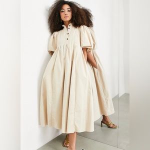 ASOS EDITION high neck button front cotton midi dress with full skirt in stone